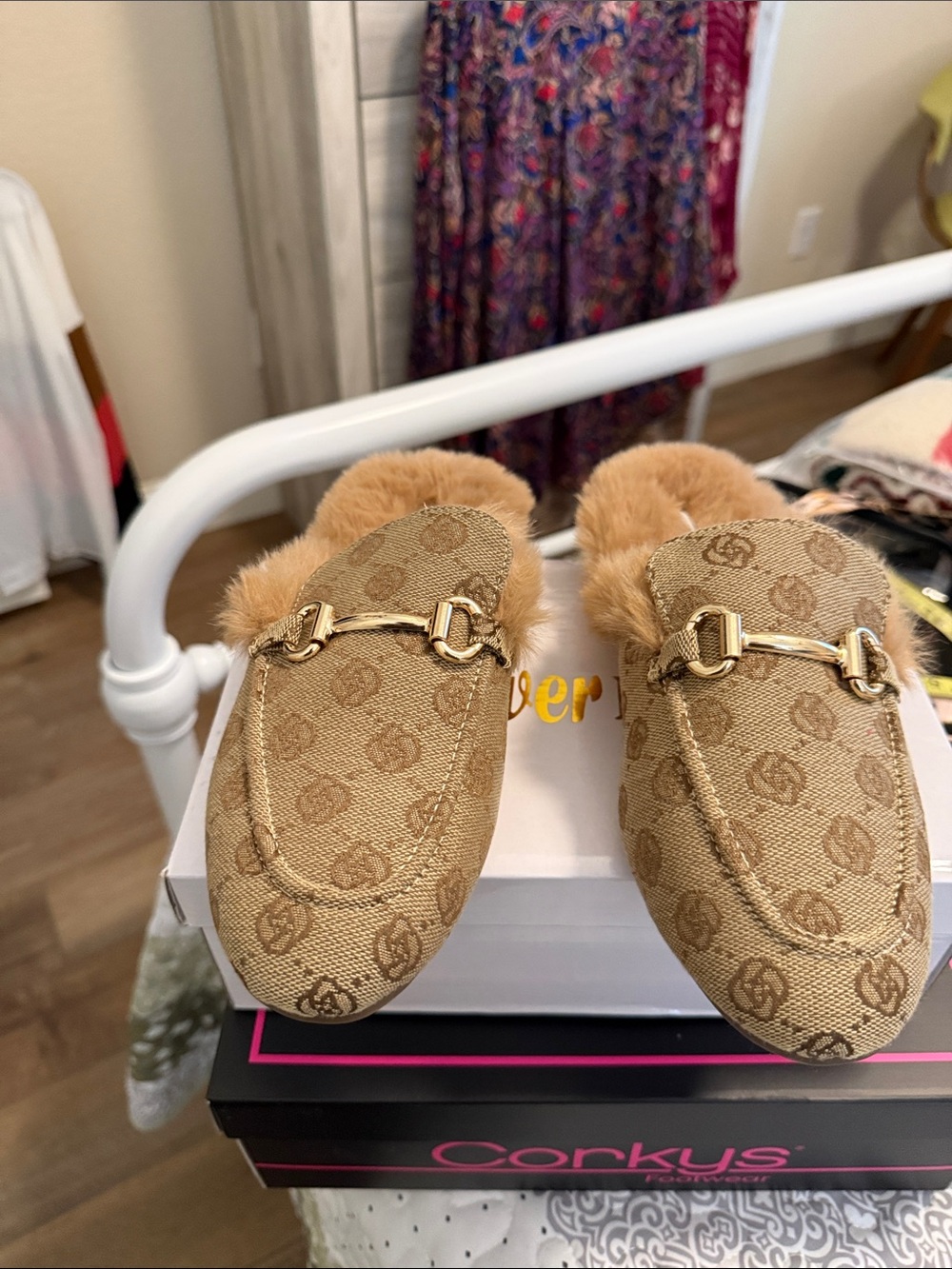 Forever Link Tan Logo-Print Fur Lined Slip-On Mules